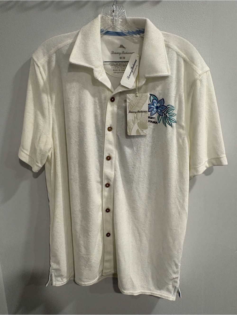 Tommy Bahama Cream Short-Sleeve Terry Button-Down with Blue Floral Embroidery